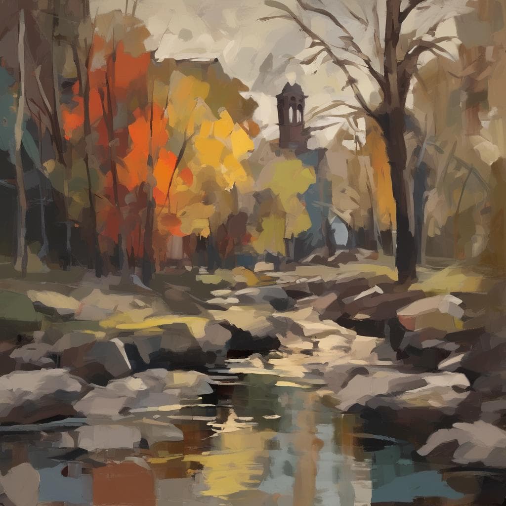 ρομαντική φύση, φθινοπωρινά δέντρα, ποταμός, παλιά εκκλησία, ζωγραφιά σε ατμόσφαιρα, τέχνη από την Αναγέννηση έως τη Μοντέρνα, τοπίο, ρομαντικός καμβάς, επιρροές από την κλασική και μοντέρνα τέχνη, χρωματιστές αποχρώσεις, πολιτιστική κληρονομιά, ιστορικό τοπίο, καλλιτεχνικό έργο, ψηφιδωτό τοπίο, ζωγραφική στις φυσικές αλλαγές.