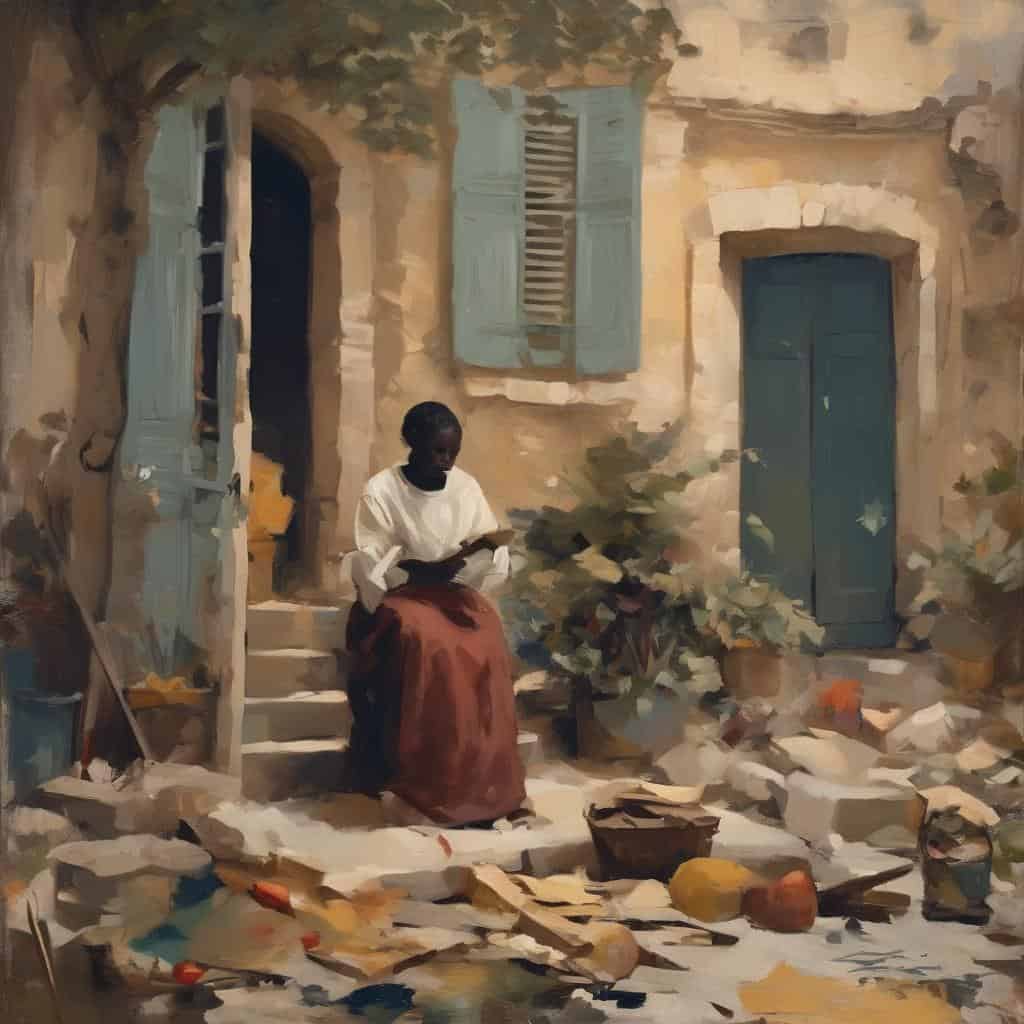 Παραδοσιακή γυναίκα διαβάζει βιβλίο σε εξωτερικό χώρο σε ιστορικό δείγμα αναγέννησης και μοντέρνας τέχνης με εστίαση σε πορτρέτα και αρχιτεκτονική.