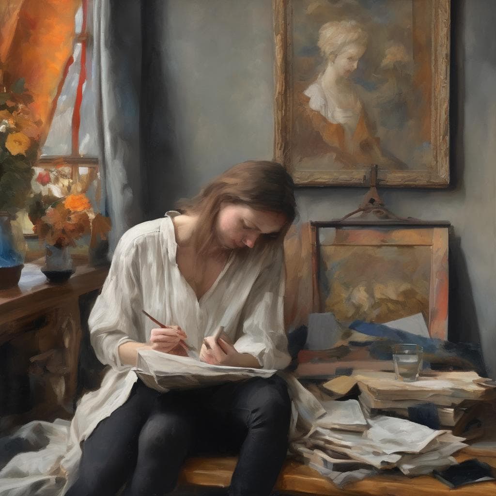 Ανθρώπινη μορφή γυναίκας που ζωγραφίζει σε καμβά, περιβάλλεται από έργα τέχνης και καλλιτεχνικά εργαλεία, σε εσωτερικό χώρο με φυσικό φως.
