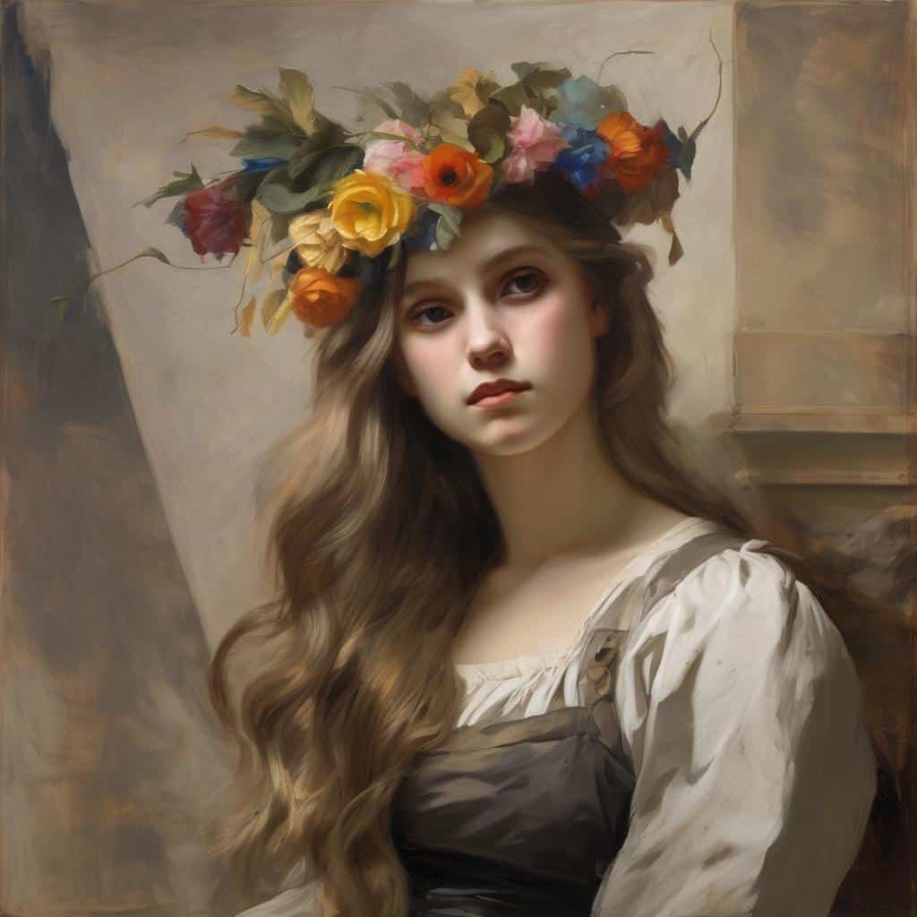 Λεπτομέρεια από πίνακα αναγέννησης και μοντέρνας τέχνης με νεαρή γυναίκα, φόρα wreath από λουλούδια, καλλιτεχνικός φωτισμός, ζωγραφική τέχνη, ιστορική και σύγχρονη τέχνη, διάσημο έργο τέχνης.