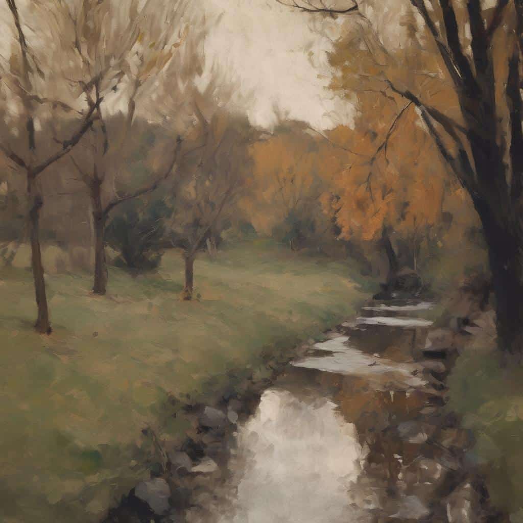 Ονειρική τοπιογραφία με ποτάμι και φθινοπωρινά δέντρα, εμπνευσμένη από την εξέλιξη της τέχνης από την Αναγέννηση στη Μοντέρνα.