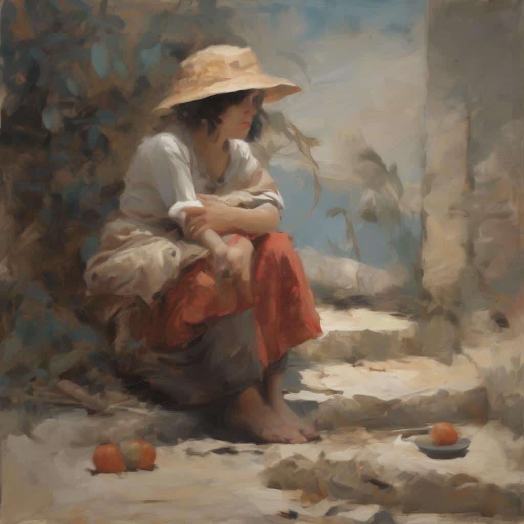 Νεαρή γυναίκα κάθεται σε παραθαλάσσιο τοπίο, ντυμένη με λευκό πουκάμισο, πορτοκαλί φούστα και καπέλο, σε ρεαλιστικό πίνακα από την Αναγέννηση έως τη Μοντέρνα Τέχνη.